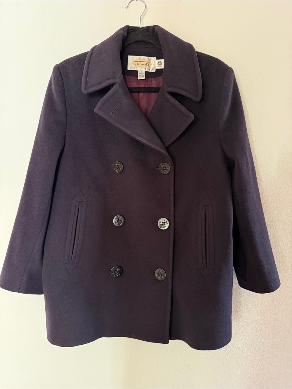 Vintage Talbots Pure Wool Peacoat 8P Aubergine plum Purple Made USA